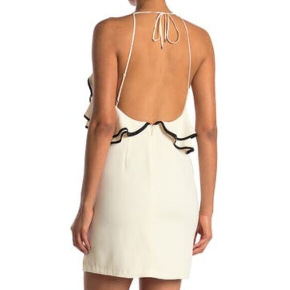 NEW HALSTON Women Ivory High Halter Black Border Ruffle Mini Dress - Picture 4 of 5